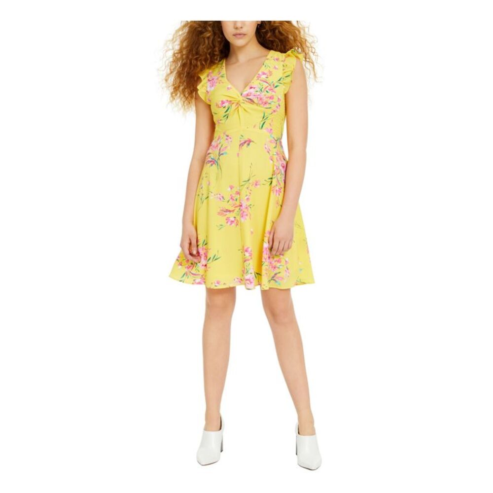 BAR III DRESSES Womens Ruffled Smocked V Neck Above The Knee Fit + Flare Dress